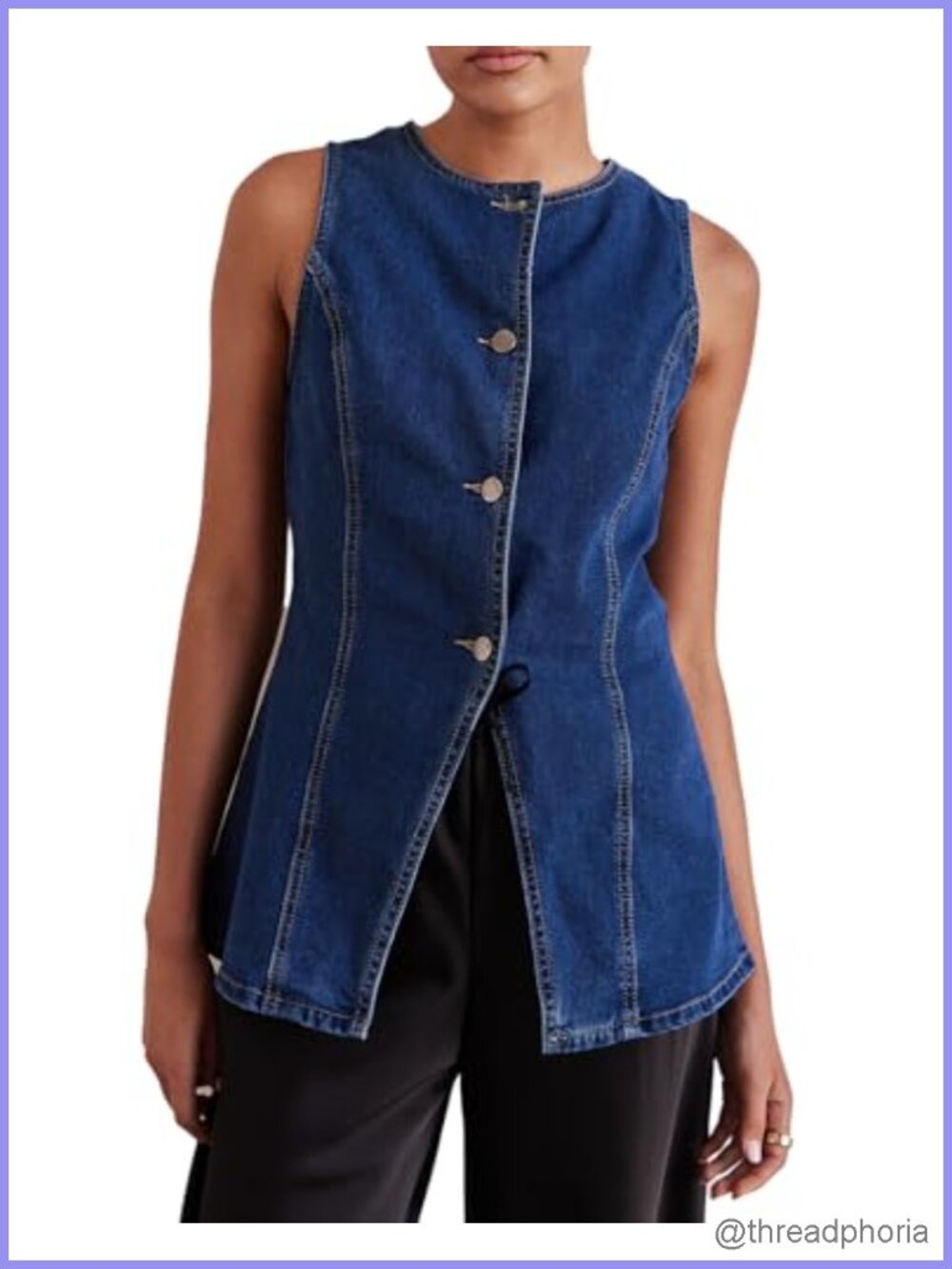 Women's Long Denim Vest Sleeveless Button-Up Back Slit Jean Waistcoat Y2K